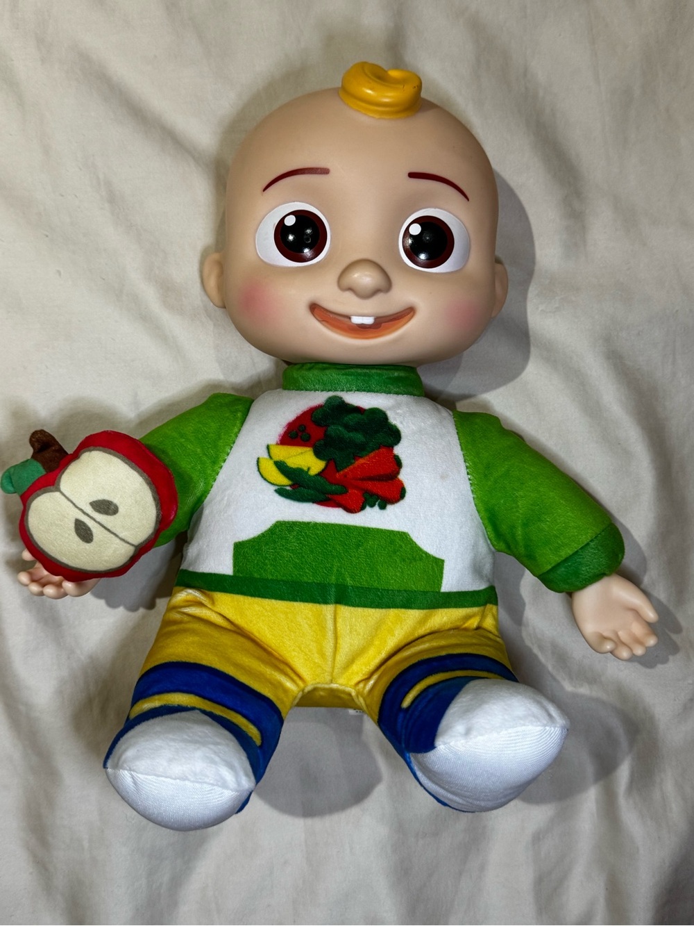 Plush Baby Doll Toy in Green, Yellow and White with Apple Accessory
